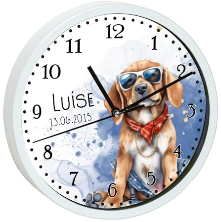 CreaDesign, Wanduhr Kinder personalisiert mit Name, Motiv Wanduhr mit schwarzen Rahmen Hund, Rahmen Wanduhr schwarz, Ø 19,5 cm