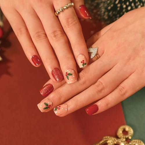Ceboic 24 Pièces Noël Faux Ongles Court Carré Ongles à Coller Paillettes Rouges Press on Nails avec Feuilles de Noël Design Couverture Complète French Capsule Ongles pour Femmes et Filles