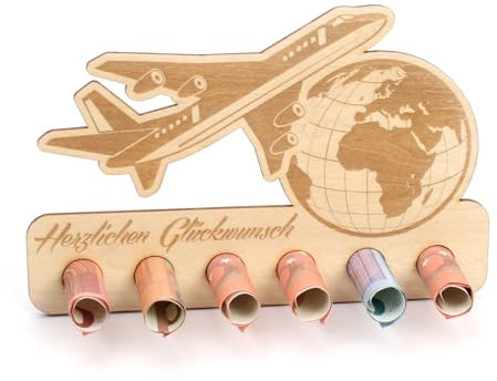 Kreative Feder Geldgeschenk Reisen zum Geburtstag - Geldscheinhalter aus Holz in originellem Design mit 6 Löchern für Geldscheine (Reisen)
