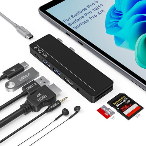 Surface Pro 11/10/9/8/X Docking Station, Surface Pro 11 Adapter Hub Surface Zubehör mit 4K HDMI, Thunderbolt 4 (8K@30Hz Video+40G Daten+100W PD), USB3.0, SD/TF, 3.5mm Audio für Surface Pro 8/9/10/11/X