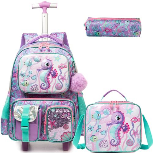 Egchescebo Kinder Rolling Rucksack für Mädchen Seepferdchen Koffer Trolley Roller Gepäck Rucksäcke auf Rädern mit Lunch Box Pencil Case die Grundschule Mehrere Funktion Taschen Travel school Bag Lila