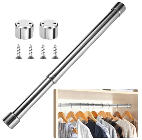 Extendable Clothes Rail,31-51cm Extendable Wardrobe Rail Adjustable Stainless Steel Wardrobe Rod with End Sockets and Screws Adjustable Wardrobe Rail for Wardrobe, Shower, Balcony, Windows