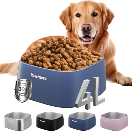 Pawtners Large Stainless Steel Dog Bowls, 4L Dog Water & Food Bowl for Large Breed Dogs with Non-Slip Base, Metal Dog Bowls Easy to Clean, Dishwasher Safe, 135oz, Blue
