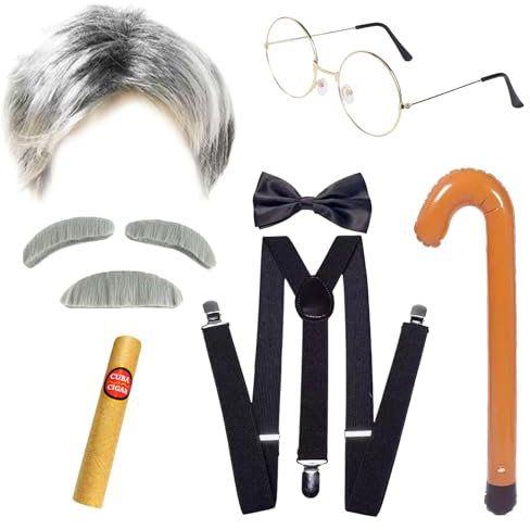 JSTHHTT 9 Stück Opa Kostüm Set, Alter Mann Perücke Großvater Kostüm, Grandpa Opa Perücke Perücke, Schnauzbart Augenbrauen Runde Brille Aufblasbarer Spazierstock für Karneval Halloween Party Cosplay