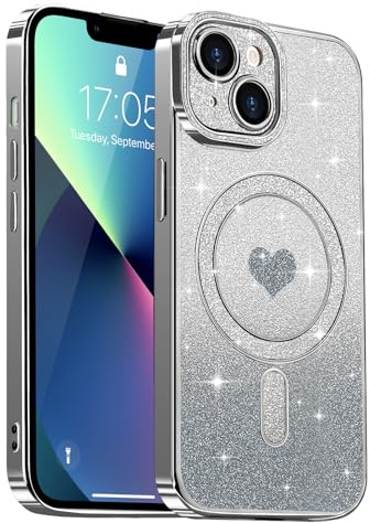 Lafunda Magnetic for iphone 13 Case Glitter, Silver | Compatible with Magsafe, Luxury Plating Sparkle Cute Heart Pattern Case for Women Girls, Glossy Soft TPU Shockproof Cover