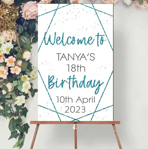 Personalised Birthday Welcome Sign – Custom Name Age & Date, Geometric Design, Colour Choices Elegant Party Decoration Keepsake Display Board