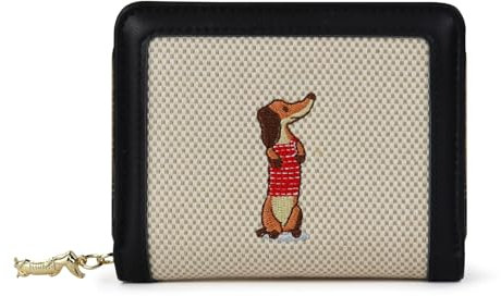 FuninCrea Kleines Portemonnaie Damen, Kunstleder Geldbörse Damen mit 5 Kreditkartenfächern und ID-Fenster, Dackel-Stickerei Karten Portemonnaie Geldbeutel Klein mit Reißverschluss-Münzfach (Schwarz)