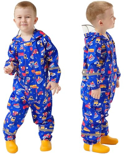 Fewlby Puddle Suit Waterproof Suit Kids, All in One Waterproof Overalls Boys Girls Rain Suit Cartoon Muddy Suit One Piece Raincoat Hoodie Rainwear for 1-10 Years