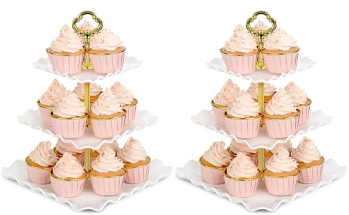 NWK Pack of 2 Large Square 3-Tier Cupcake Stand 30cm Height Plastic Cake Stand Food Round Display for Wedding Birthday Graduation Afternoon Tea Party