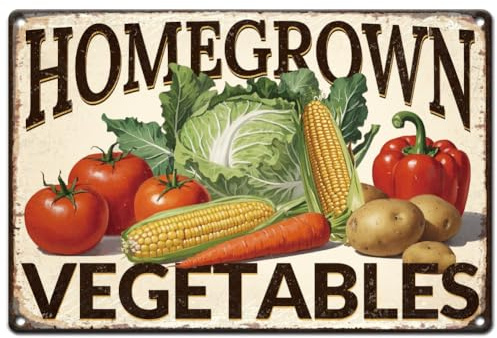 Hobbspring Gemüse Vintage Metallblechschild 20x30cm Retro Schild Mit Selbst Angebautem Gemüse Rostoptik Tomaten Mais Kartoffeln Eisenschild Poster Für Bauernhaus Landmarkt Küche Obstverkäufer Dekor