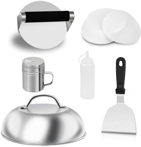 Qcdou Smashed Burger Kit, 6 PCS Burger Smasher Press Set, Burger Smasher, Metal Spatula, Cheese Melting Dome, 100 PCS Wax Patty Papers, Squeeze Bottles, Barbecue Cooking, Griddle Accessories Kit