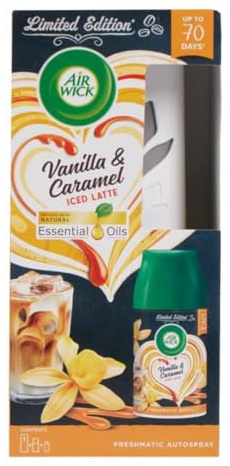 Air Wick Automatic Air Freshener Freshmatic Spray Kit, Vanilla & Caramel Iced Latte, 1 Gadget & 1 Refills (250ml), Natural Essential Oils, Last up to 70 Days, Air freshener