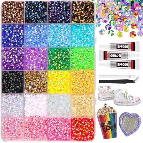 BeaFlye Bedazzling Kit with Glue and Pen - Rhinestone Kit, 24 Colors 3mm Flat Back Nail Art Crystals for DIY Crafts Clothes Shoes, Includes Pick Up Tweezers