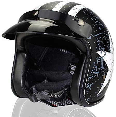 Woljay 3/4 Offener Sturzhelm, Helmet Motorrad-Helm Jet-Helm Scooter-Helm Halbhelme Adult Helm Flat mit Rebellen Schwarz + Weiß Star Graphic (M)