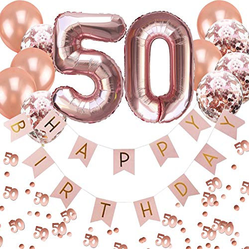 Oblique Unique® 50. Geburtstag Party Feier Deko Set - Happy Birthday Girlande + Folien Luftballons Zahl 5 und 0 + Konfetti Luftballon Set + Konfetti Zahl 50 - Roségold Rosa Champagner