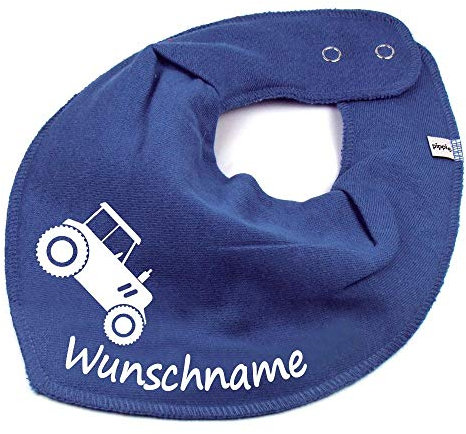 HALSTUCH mit Namen oder Text personalisiert für Baby oder Kind aus Baumwolle in Einheitsgröße Traktor taubenblau