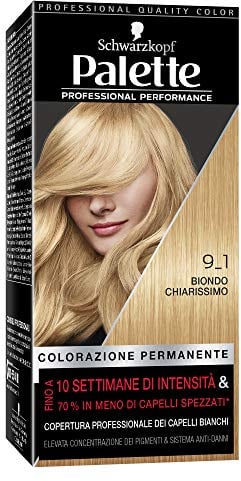 Schwarzkopf Paleta de rendimiento profesional, tinte para el pelo duradero, color para el cabello blanco, color 9-1 rubio claro