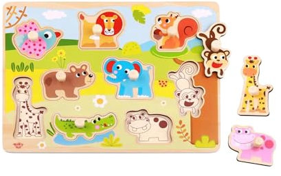 iXium Wooden Jungle Safari Animal Jigsaw Puzzle Peg Shape Sorter Toddlers Toy Present 18 Months +