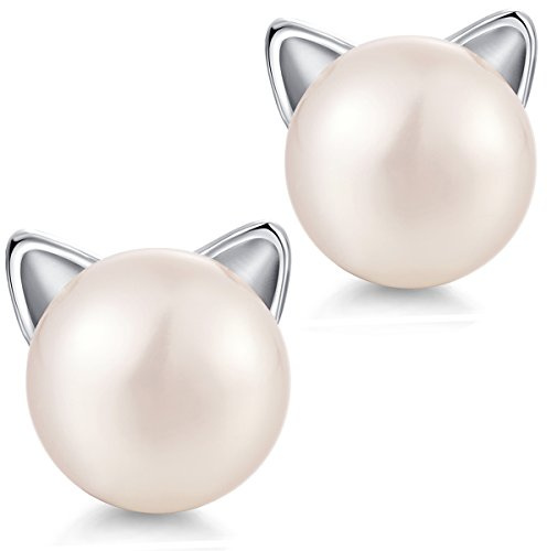 Orecchini Gatto,Orecchini Donna Gatto Miaofu Argento Gatto Orecchini Carino Perle Gatto Orecchini,Naturale d'Acqua Dolce Perle Gatto Orecchini,Orecchini Gatto Bambina,Orecchini Gatto Argento Nero