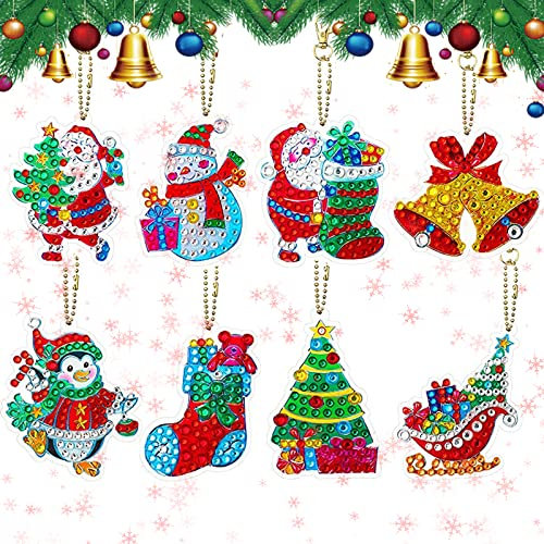 YICHEN 8 Stücke Weihnachten Diamant Malerei Schlüsselanhänger 5D DIY Diamond Painting Keychain Weihnachtsbaum Schlüsselring Weihnachtsmann Schlüsselbund für Tasche Geldbörse Anhänger Geschenk