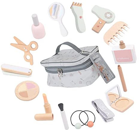 Perfeclan Holz Pretend Play Make-up Kit Spiel Lippenstift Pinsel Nagellack Haarglätter mit Kosmetiktasche Kleines Mädchen Geschenk Alter 3+