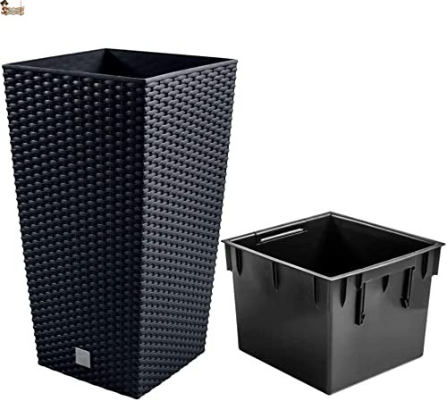 BricoLoco.com Grand pot de fleurs extérieur ou intérieur décoratif en plastique polypropylène imitation rotin Capacité 21 litres avec insert 49 litres Anthracite
