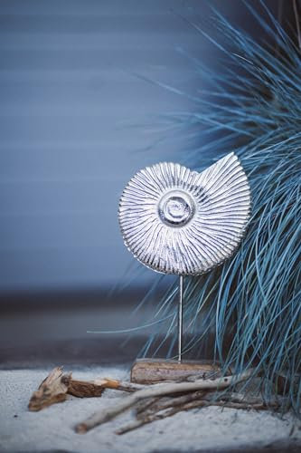Metall Skulptur mit Holz-Fuß Silber-braun Ammonite 14 x 25cm Dekofigur Tisch-Deko Maritim Mediterran Meeresdeko