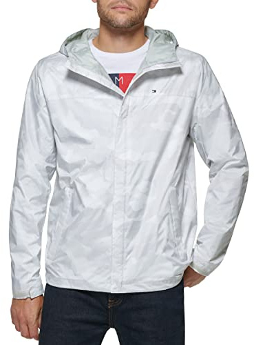 Tommy Hilfiger Men's Lightweight Breathable Waterproof Hooded Rain Jacket, Ice Camouflage, S