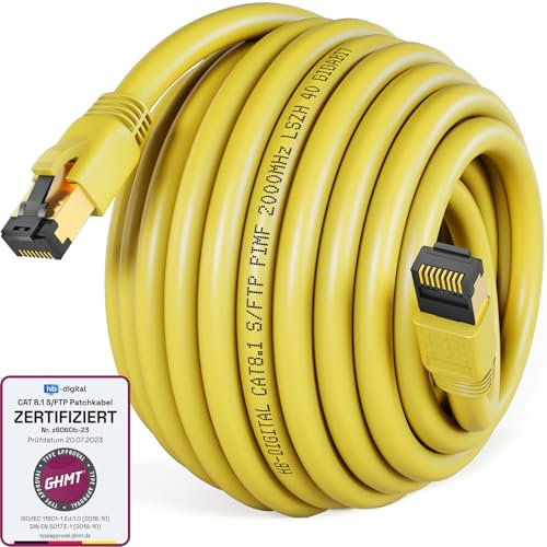 HB-DIGITAL Cable de red LAN CAT 8, 10 m, AWG 24 S/FTP LSZH 40 Gbps 2000 MHz, certificado GHMT, cobre puro con conector RJ45 chapado en oro para conmutador, router, módem, PC, color amarillo