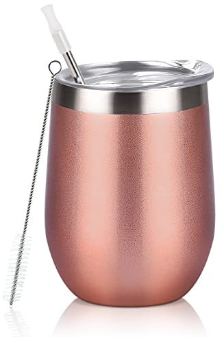Lifecapido Vasos de vino de acero inoxidable de 12 onzas, doble pared aislada al vacío, sin tallo con tapa y pajita, para vino, café, champaña, jugo, oro rosa