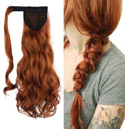 iLUU Wrap Around Ponytai Orange Red Clip in Curly Wavy Pony Tail Hair Extensions 18inch 100g Synthetic Clip on Hairpiece #119 Copper Fire Red Ponytail Extension for Girl Lady Women