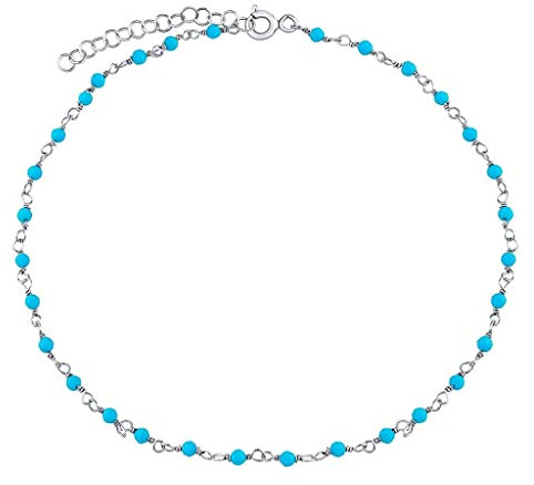 SILVEGO Bracelet de cheville pour femme en argent sterling 925 avec véritable émeraude, pierre de lune, turquoise, grenat ou quartz rose, 23 cm, Argent, Turquoise