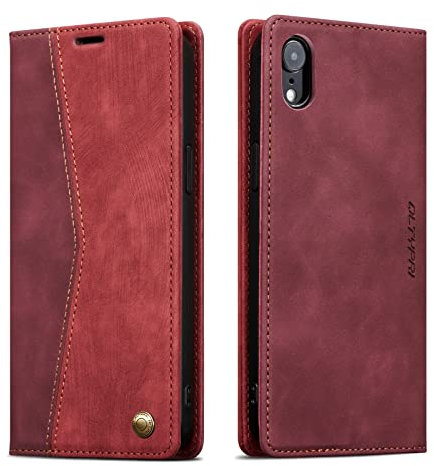 QLTYPRI Hülle für iPhone XR, Vintage Dünne Handyhülle mit Kartenfach Slot Ständer PU Ledertasche Klapphülle TPU Bumper Flip Schutzhülle Kompatibel mit iPhone XR - Weinrot