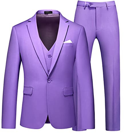 MOGU Herren 3-teiliger Anzug, schmale Passform, Hochzeit, Smoking, formelle Abschlussball-Anzüge, Flieder, 48
