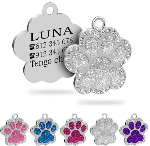 ibera gifts - Chapa Perro Grabada en Forma de Pata con Perdería y Purpurina, Placa Perro Personalizada para Perros y Gatos Pequeños y Medianos, Chapa Identificativa Perro y Gato (Blanco)