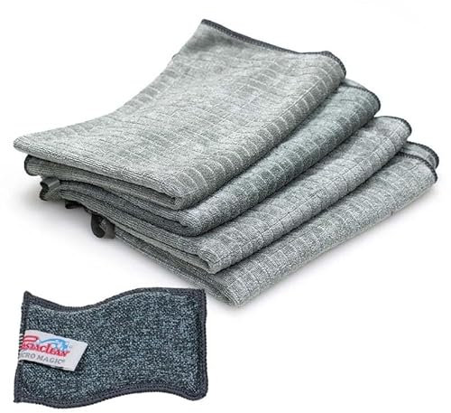 Pastaclean® 4er Set MAXI Geschirrtücher (Silbergrau) EXTREM saugstarke Geschirrhandtücher, Premium Küchentücher, 4x Maxi Geschirrtuch + 1x Spülschwamm