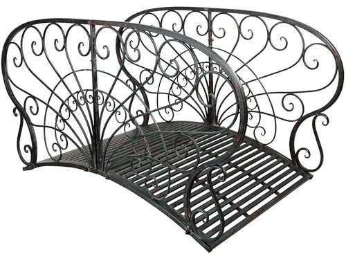 Solution4Patio D108A01 Pont de jardin en métal robuste de 1,5 m, pont de chemin d'arche de cour rétro avec garde-corps à motif queue de paon pour ruisseau, étang, décoration paysagère d'arrière-cour,