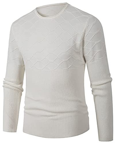 Generisch Strickpullover Herren, Rundhals Winterpullover Für Männer Norweger Pullover Mit Reissverschluss Herren V Ausschnitt Pullover Kragen Winter Polower Wolle Pullover (L, Weiß)