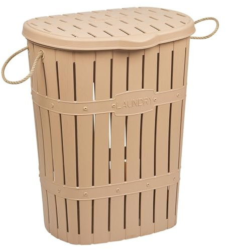 URBNLIVING 65L Bamboo Look Clothes Storage Laundry Washing Basket Hamper Rope Handles & Lid (Beige)