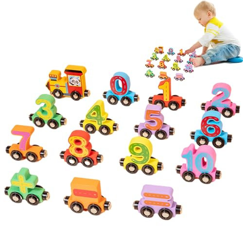 Aizuoni Magnetischer Holzzug, Holzzahlenzug, Magnet Zahleneisenbahn Holzspielzeug-Set, Bunte hölzerne Eisenbahnwaggons für Farberkennungsspielzeug für Jungen und Mädchen