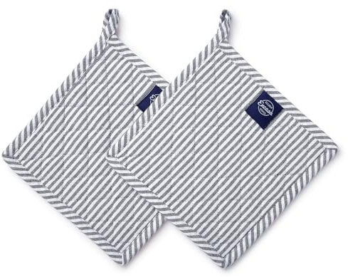Encasa XO 21 cm Oven Microwave Potholders (2 pc Set) for Kitchen Cooking & Baking - Heat Resistant, Thick & Safe, Protection of Hands from Hot Utensils - Ticking Navy Blue