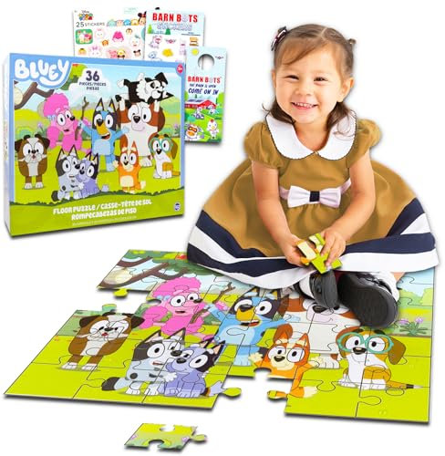 Bluey Bodenpuzzle für Kinder Set – Paket mit 36-teiligem Bluey Floor Puzzle plus Aufklebern, mehr | Bluey Puzzles für Kinder im Alter von 3-5 Jahren
