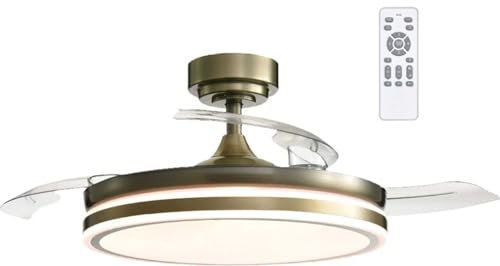 VZLED - Ventilador de Techo con Luz Oro Viejo Cuero, Aspas Retráctiles, Silencioso, Luz CCT