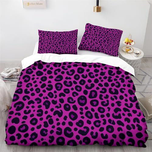 Duvet Cover Set Animals Leopard Print Printed King Size Quilt Covers, Soft Microfiber Purple Duvet Set Bedding with Zipper Closure for Kids Teens Adults Duvet Cover