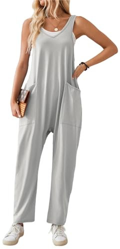SotRong Casual Jumpsuit for Women Uk Summer Baggy Loose Playsuit Oversized Slouchy Overall Solid Sleeveless V Neck Tank Rompers with Pocket Light Grey M