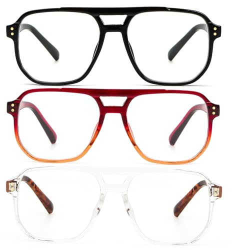 KoKoBin 3 Pack Übergröße Flieger Vintage Lesebrille Herren und Damen Quadratisch Federscharnier lesebrillen Anti Licht Blau Computer Leser (3 Pairs, 3, x)