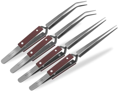 Kreuzpinzetten 4er Set Lötpinzette Klemmpinzette Gerade und Gebogen 16,5 cm | Technische Pinzetten gezahnt und glatt aus Edelstahl abgewinkelt spitz mit isolierenden Griffen für Modellbau & Basteln
