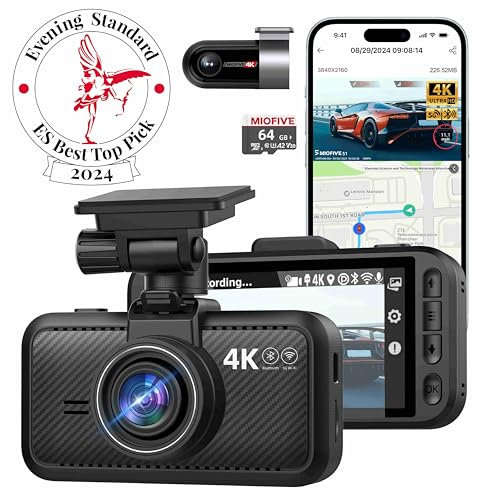 Miofive Dash Cam Front and Rear, 4K+4K Dash Cam for Car, Built-in 5G Wi-Fi & GPS, 64GB SD Card Included, 24H Parking Monitoring, HDR, Night Vision, Loop Recording, App Control, Supports up to 512GB