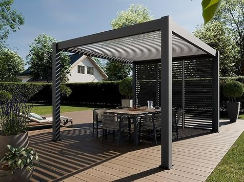 Direct ABRIS Pergola Bioclimatique Bioclimatique Autoportée 12m² - 3x4m Trois Panneaux Vénitiens - Anthracite - 25 Lames en Aluminium Inclinable à 120° - Tonnelle