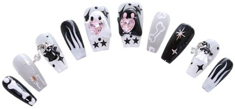PN-013 Press-On Nails Lacquered 10 Pieces Reusable False Nails Y2K Pastel Goth Halloween Ghost Black White